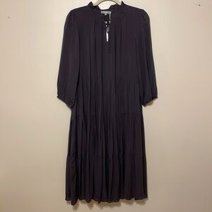 100% Rayon Charcoal Ruffle Neck Tiered Midi Dress